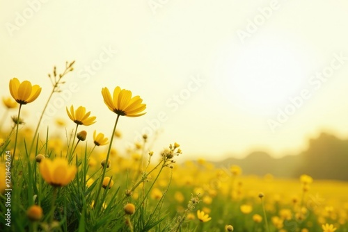 Sunlit meadow with few yellow wildflowers and orangey hues on white background, countryside, orange photo