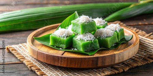 Steamed kuih ketayap with shredded coconut and pandan leaves on a wooden plate photo