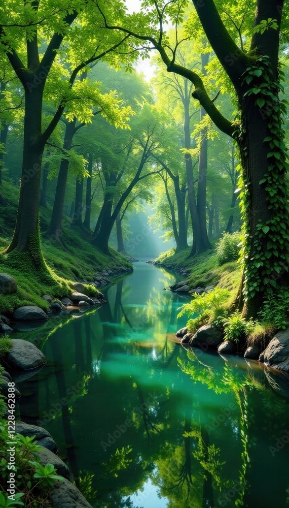 Obraz premium Lush trees and vines surrounding a peaceful pond, green, pond