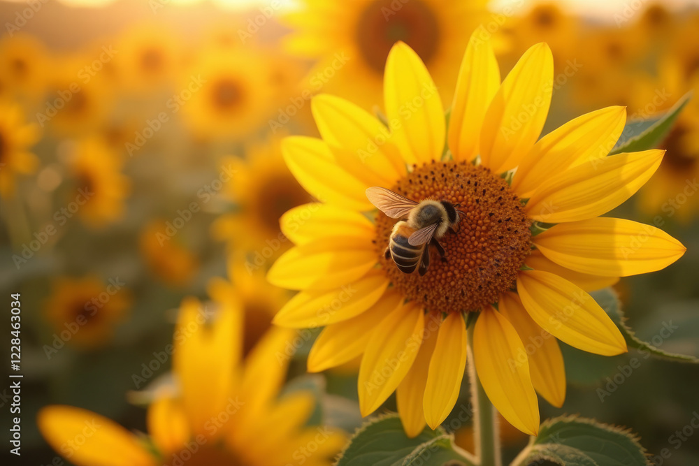 Honey bee collects nectar on a bright yellow daisy on a blurry garden background Honey bee collects nectar on a bright yellow daisy on a blurry garden background