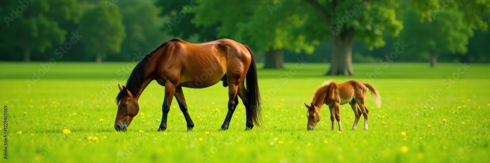 Mare and foal grazing in lush green meadow, unicorn, landscape Mare and foal grazing in lush green meadow, unicorn, landscape