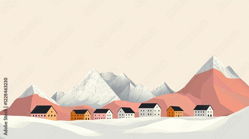 A minimalist illustration of an avalanche approaching a small mountain village, clean geometric design, soft pastel colors A minimalist illustration of an avalanche approaching a small mountain village, clean geometric design, soft pastel colors
