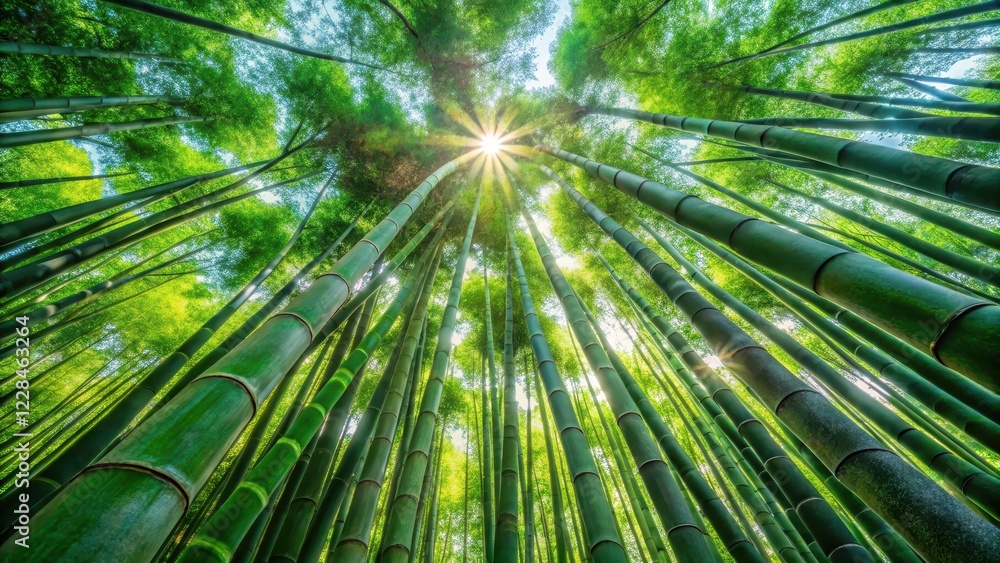 Dense foliage of green bamboo stalks stretching towards the sky with sunlight filtering through the gaps in the forest canopy, green bamboo forest, serene atmosphere Dense foliage of green bamboo stalks stretching towards the sky with sunlight filtering through the gaps in the forest canopy, green bamboo forest, serene atmosphere