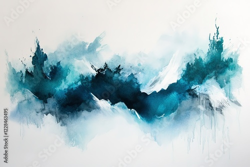 Abstract watercolor landscape of teal mountains