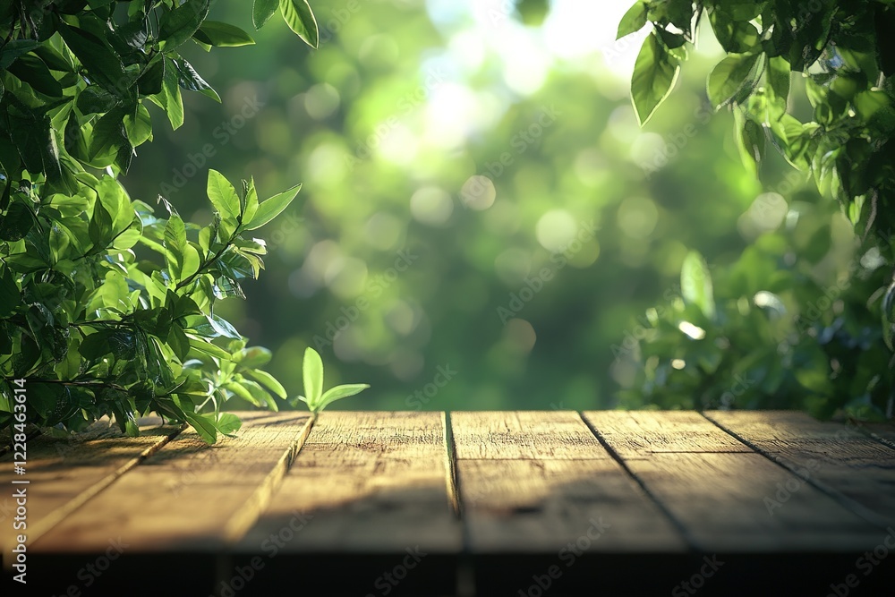Wooden surface framed by lush green foliage Wooden surface framed by lush green foliage