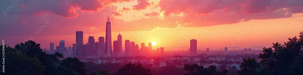 Minimalist cityscape at sunset with skyscrapers and trees, architecture, urban landscape Minimalist cityscape at sunset with skyscrapers and trees, architecture, urban landscape