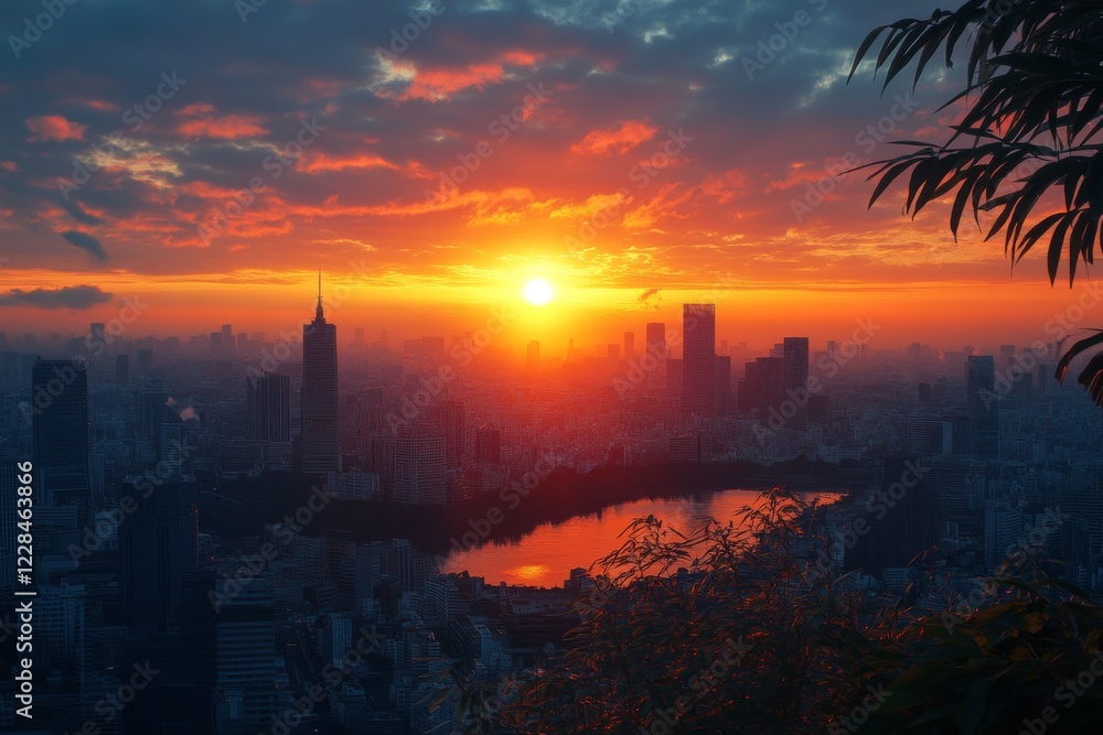 Naklejka premium Sunset over city skyline with vibrant colors