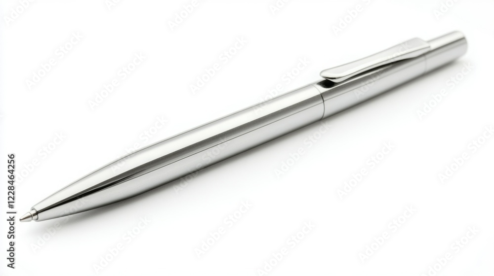 Sleek silver pen on white background. Modern and minimalist design. Sleek silver pen on white background. Modern and minimalist design.