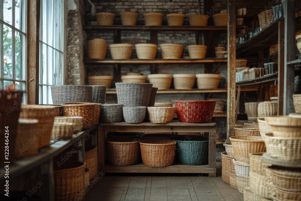 Rustic pottery shop with shelves filled with clay items Rustic pottery shop with shelves filled with clay items