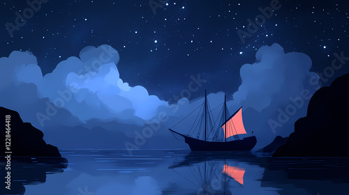 Enchanting sailing ship under a starry night sky - dreamy nautical adventure scene. Whispering Harbor. Illustration photo