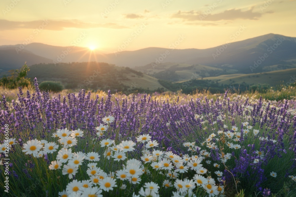 Fototapeta premium Wildflower meadow with mountains under golden sunset