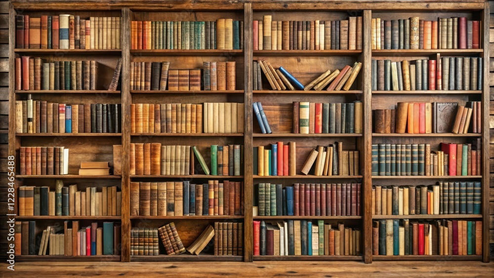 Old wooden bookshelf filled with diverse books of various genres and sizes, some lying horizontally Old wooden bookshelf filled with diverse books of various genres and sizes, some lying horizontally