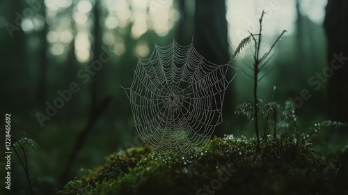 A spiderweb glistening with morning dew in a dark forest.