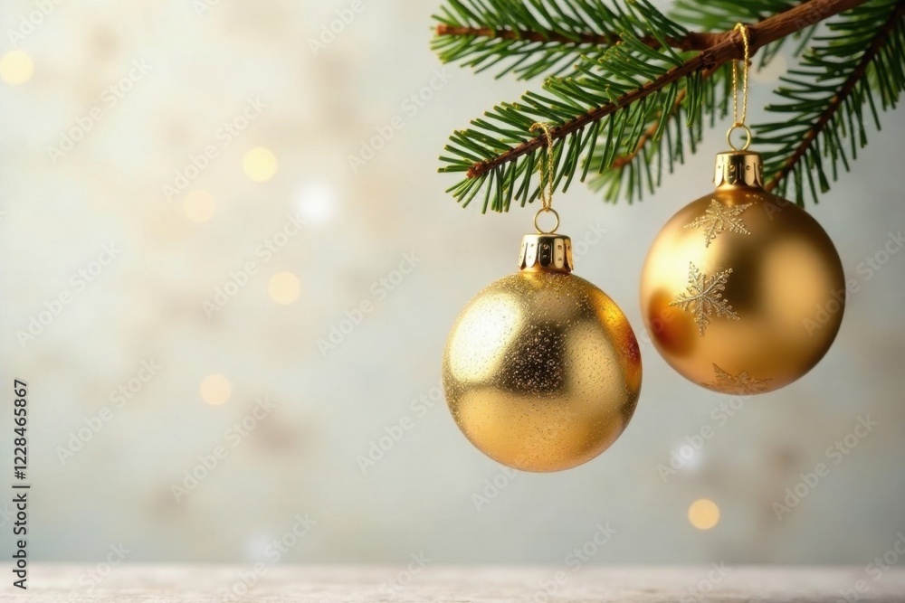 Ornate gold ball-shaped ornaments hanging from a sturdy branch, ornaments, holiday decor Ornate gold ball-shaped ornaments hanging from a sturdy branch, ornaments, holiday decor