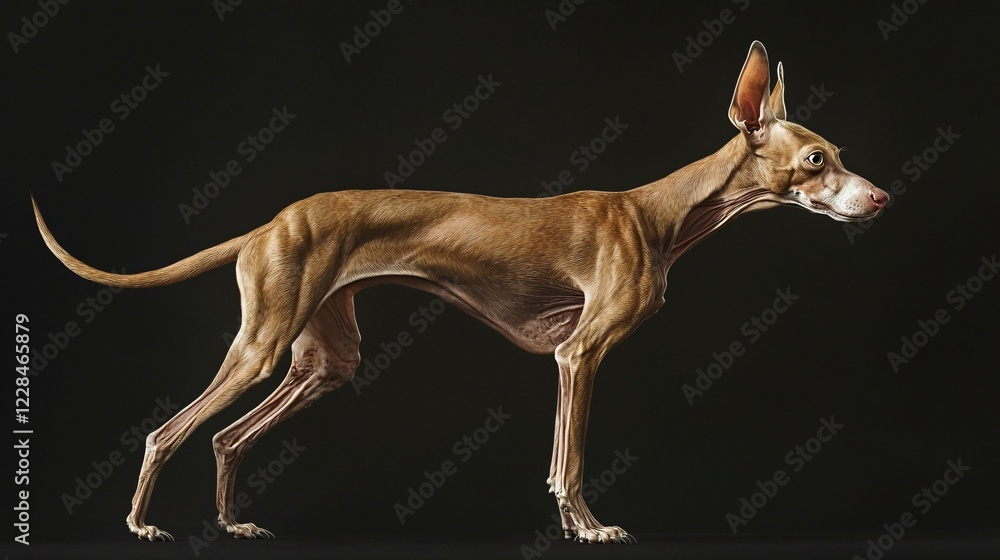 Fototapeta premium Standing Canine With Light Brown Fur In Profile View Against A Solid Dark Background Image.