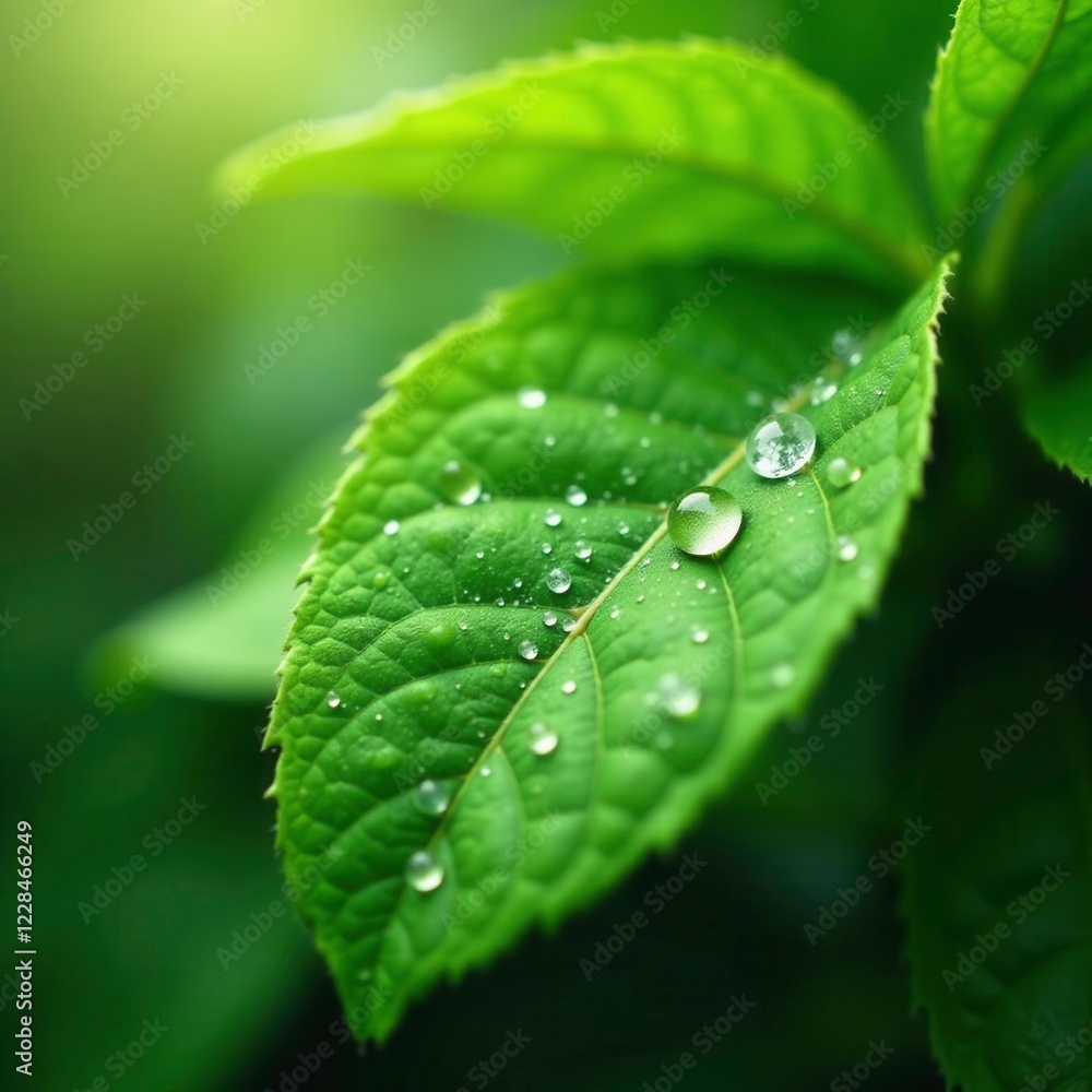 Sparkling droplets dance on the surface of wet leaves, Green Leaves, Summer Rain Sparkling droplets dance on the surface of wet leaves, Green Leaves, Summer Rain