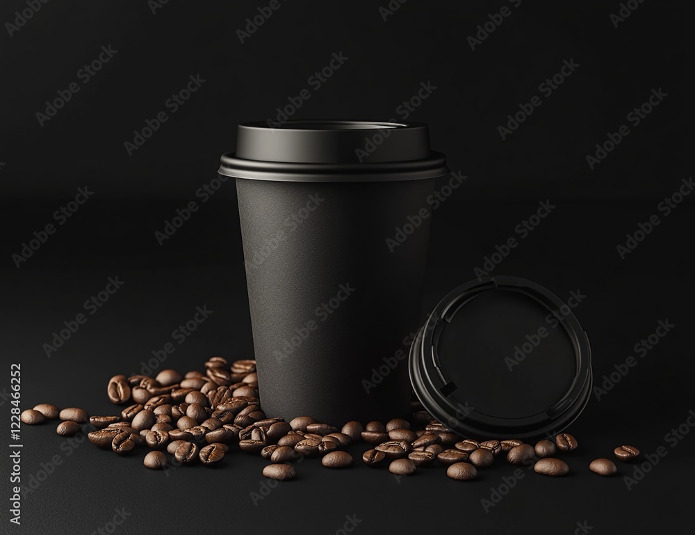 Black Coffee Cup with Roasted Beans: Aromatic Brew, Dark Roast, Morning Ritual, Caffeine Fix, Energy Boost, Coffee Beans, Disposable Cup, Hot Beverage, Coffee Lover, Dark Background Black Coffee Cup with Roasted Beans: Aromatic Brew, Dark Roast, Morning Ritual, Caffeine Fix, Energy Boost, Coffee Beans, Disposable Cup, Hot Beverage, Coffee Lover, Dark Background