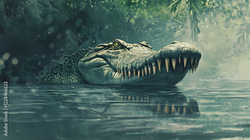 Large crocodile partially submerged in calm water, showing teeth. Wild Lagoon. Illustration