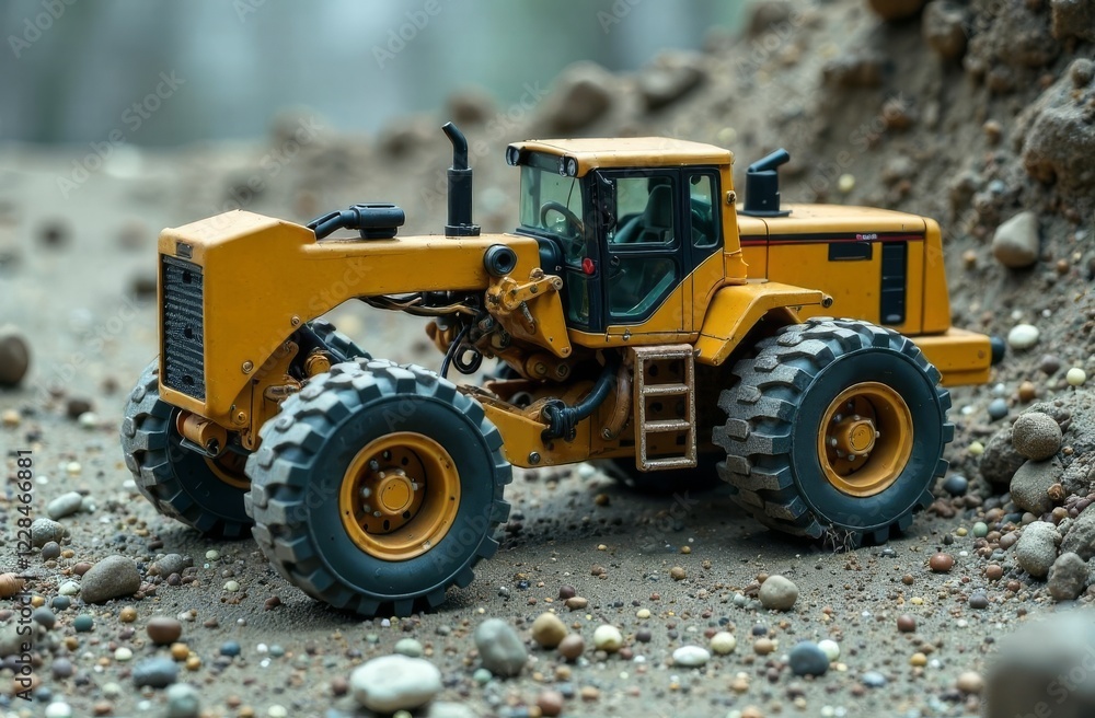 Miniature yellow construction-themed model with powerful wheels. Detailed construction equipment, earth, gravel, street background. Miniature yellow construction-themed model with powerful wheels. Detailed construction equipment, earth, gravel, street background.