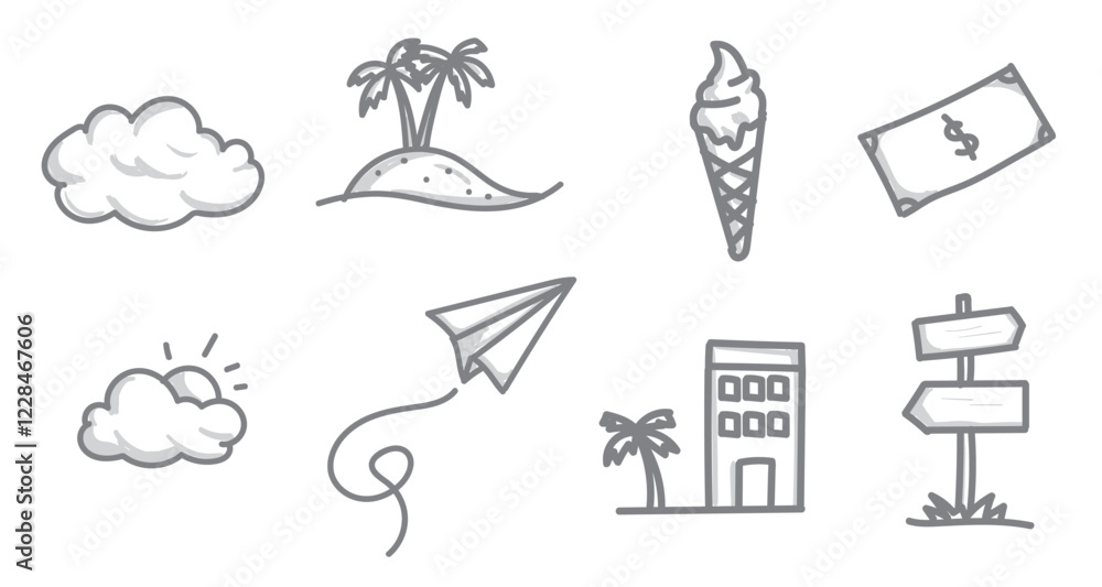 Fototapeta premium Set of travel journey element doodle hand drawn style vector. 