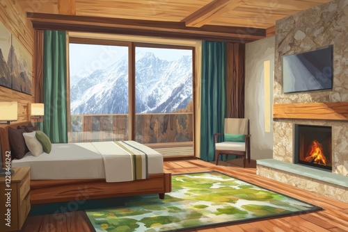 Cozy mountain view hotel room with wooden interiors and fireplace photo