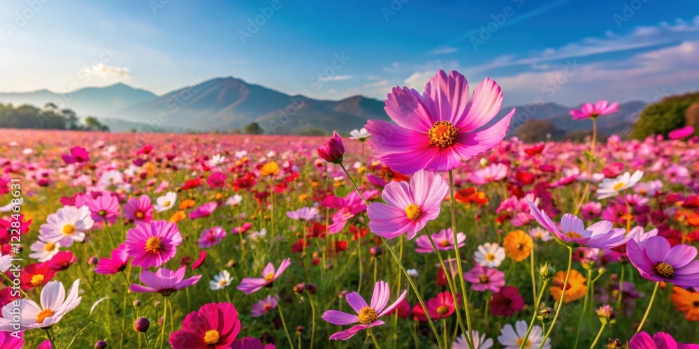 Vibrant cosmos flower fields in full bloom during spring season, cosmos, flowers, field, garden, nature, colorful, blooming Vibrant cosmos flower fields in full bloom during spring season, cosmos, flowers, field, garden, nature, colorful, blooming