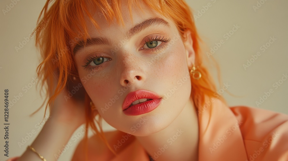 Naklejka premium Close-up of a young woman with vibrant orange hair, wearing peach attire. Perfect for beauty, fashion, or summer themed projects.