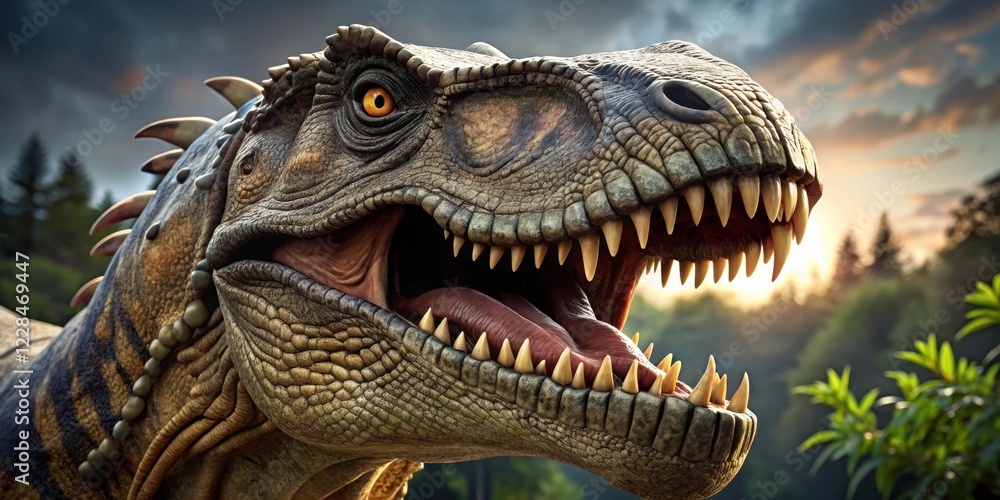 Close up of a Tyrannosaurus Rex's large head showing sharp teeth and intense eyes, tyrannosaurus, rex, dinosaur, close up Close up of a Tyrannosaurus Rex's large head showing sharp teeth and intense eyes, tyrannosaurus, rex, dinosaur, close up