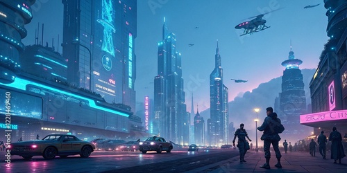 cyberpunk, futuristic city, neon lights, AI holograms, sci-fi art, cybernetic humans, flying cars, high-tech aesthetic, digital painting, ultra-detailed, blue and pink glow, dystopian future, AI techn photo