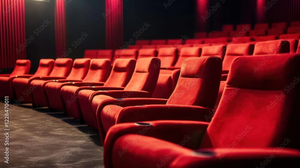 Line of unoccupied red velvet seats in an awards theater. Music ceremony celebration industry honor Line of unoccupied red velvet seats in an awards theater. Music ceremony celebration industry honor
