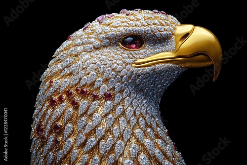 Close-up of a jeweled eagle sculpture, gold and diamonds.