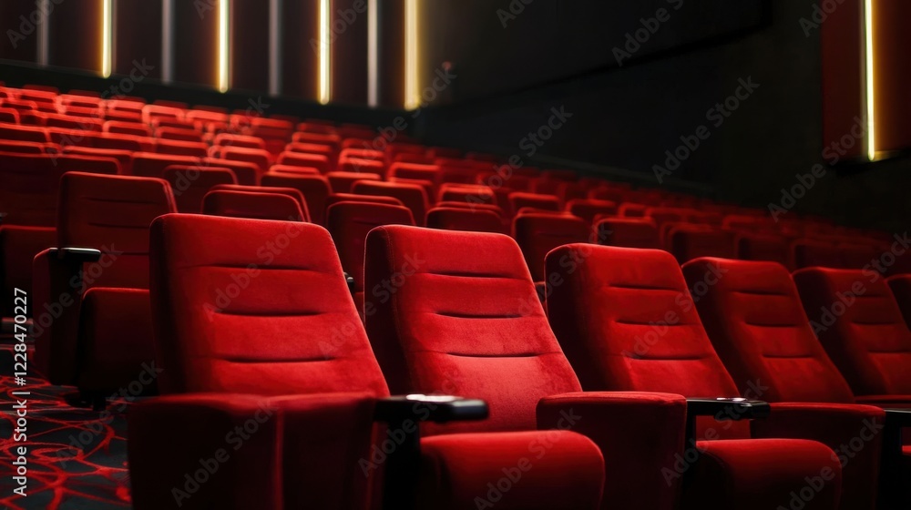 Line of unoccupied red velvet seats in an awards theater. Music ceremony celebration industry honor Line of unoccupied red velvet seats in an awards theater. Music ceremony celebration industry honor