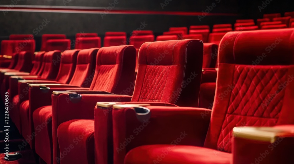 Line of unoccupied red velvet seats in an awards theater. Music ceremony celebration industry honor