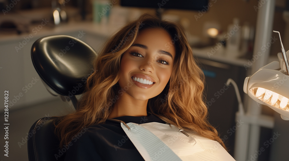 A beautiful woman with a radiant smile sits confidently in a dental chair, enjoying her dental visit.