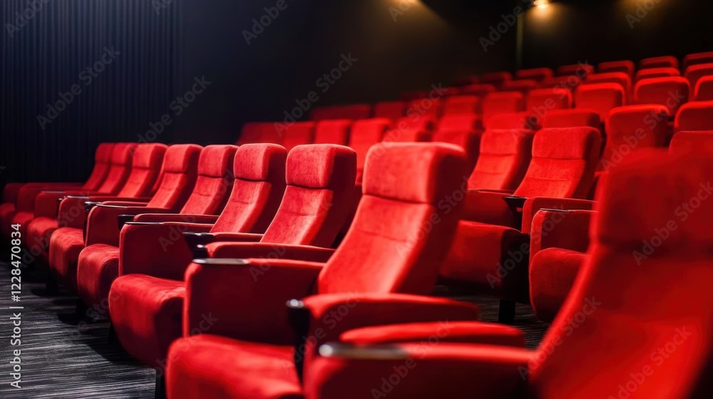 Line of unoccupied red velvet seats in an awards theater. Music ceremony celebration industry honor Line of unoccupied red velvet seats in an awards theater. Music ceremony celebration industry honor