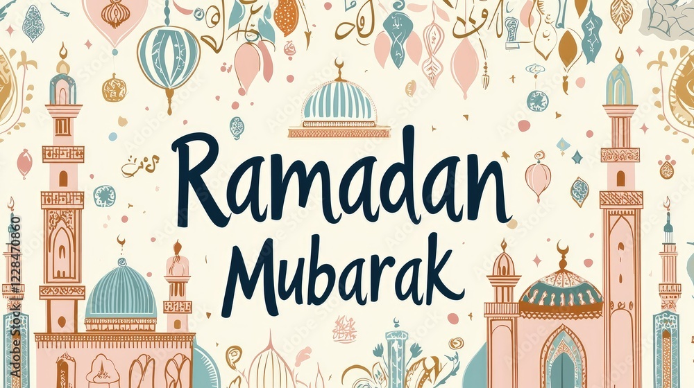 Fototapeta premium Ramadan Mubarak greeting with mosque illustrations and calligraphy.