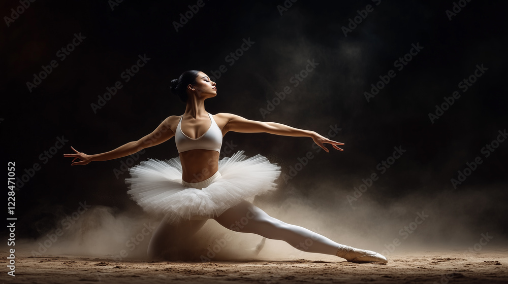 A graceful ballerina in a white tutu performing an elegant pose with perfect form in a dramatic setting. A graceful ballerina in a white tutu performing an elegant pose with perfect form in a dramatic setting.