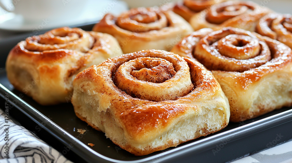 A tray of freshly baked, golden-brown cinnamon rolls with a glossy glaze, warm and ready to enjoy. A tray of freshly baked, golden-brown cinnamon rolls with a glossy glaze, warm and ready to enjoy.