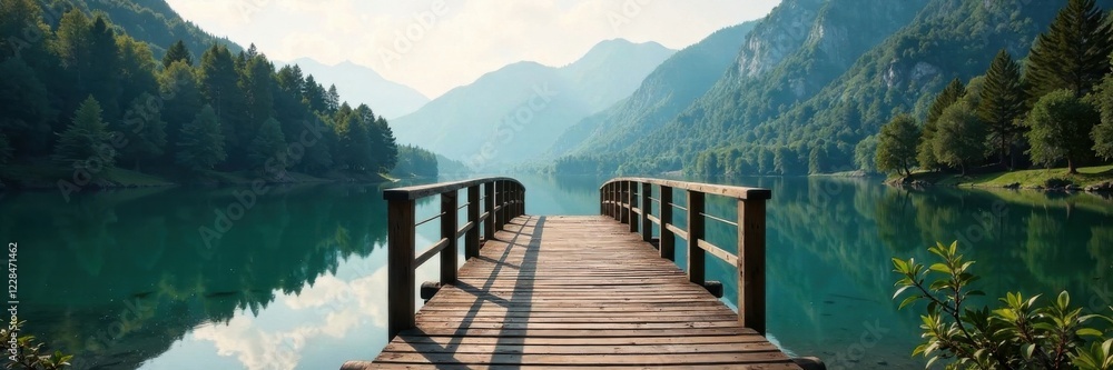 A wooden bridge crossing over a serene lake, outdoor, nature A wooden bridge crossing over a serene lake, outdoor, nature