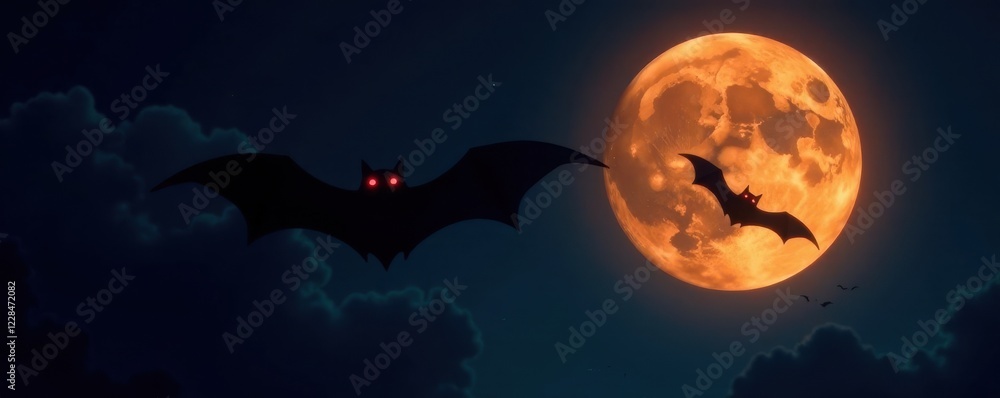 Bat flying towards a full moon with eyes glowing red, monster, spooky, Bat flying towards a full moon with eyes glowing red, monster, spooky,
