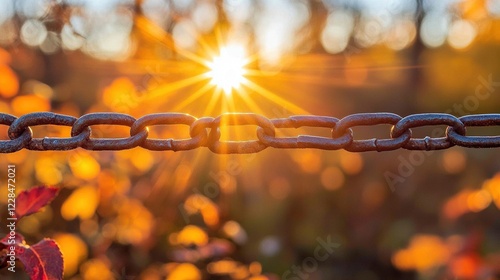 Close-up of a metal chain against a blurred autumn background with sun rays.