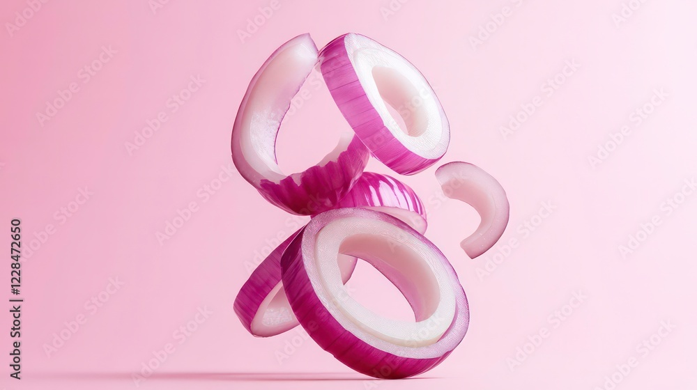 Sliced onion rings stacked and floating against soft pink background, showcasing their vibrant colors and textures. fresh onion adds to composition Sliced onion rings stacked and floating against soft pink background, showcasing their vibrant colors and textures. fresh onion adds to composition