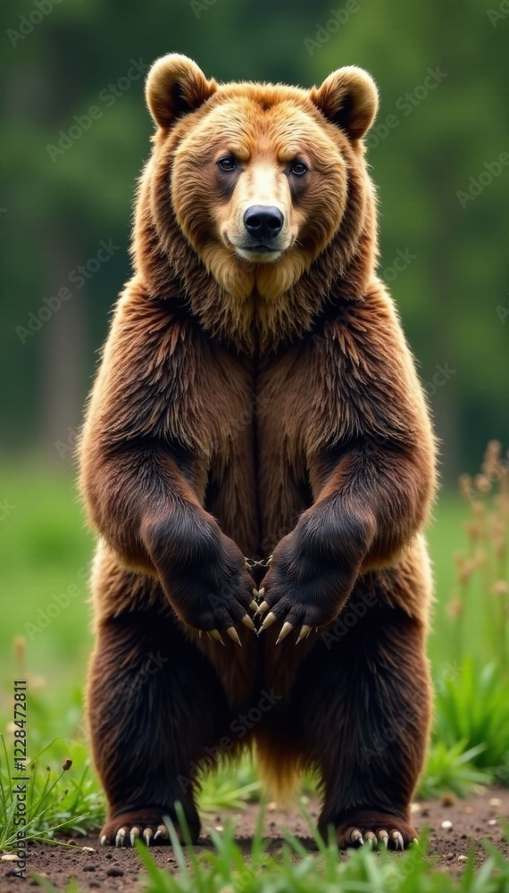Brown bear standing on two legs with front paws resting on ground , brown bear, wildlife Brown bear standing on two legs with front paws resting on ground , brown bear, wildlife