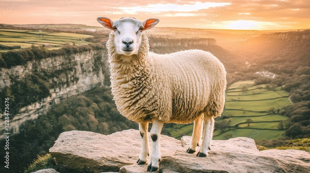Fototapeta premium Sheep standing on rock overlooking valley sunset.