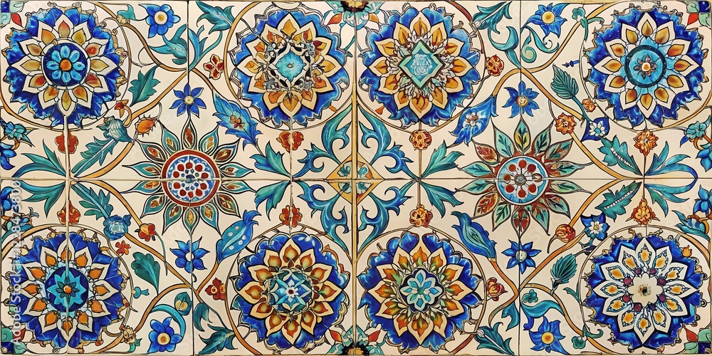 Traditional Turkish ceramic tiles with intricate floral patterns and arabesques featuring gold accents and soft pastel colors, geometric pattern , arabesque Traditional Turkish ceramic tiles with intricate floral patterns and arabesques featuring gold accents and soft pastel colors, geometric pattern , arabesque