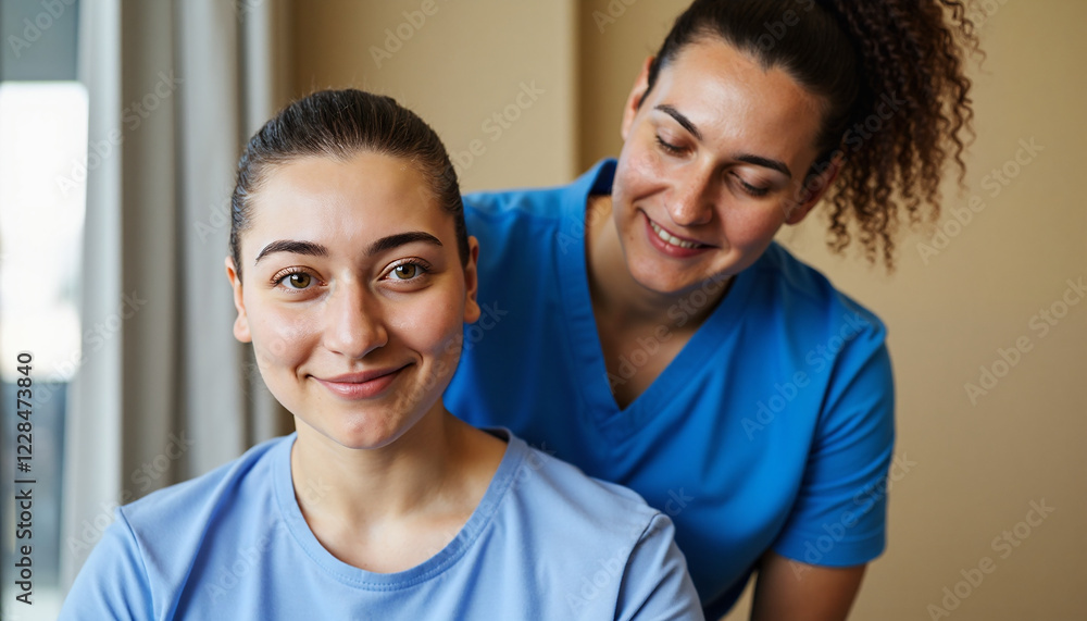 Obraz premium Smiling woman receiving care from nurse in blue uniforms