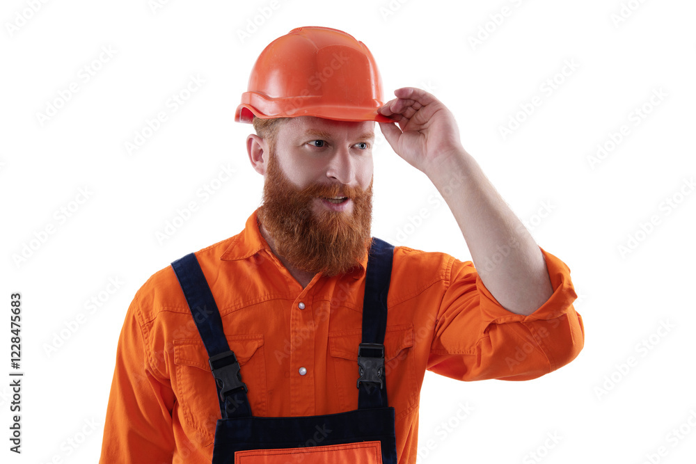 Man builder engineer. Construction builder occupation. Civil engineer man. Supervisor or worker man. Bearded man construction worker. Workman isolated on white. Home construction specialist