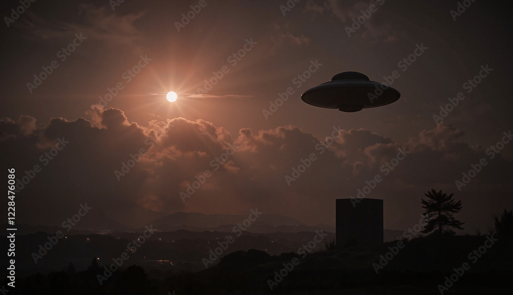 UFO hovering against dark sky with setting sun UFO hovering against dark sky with setting sun