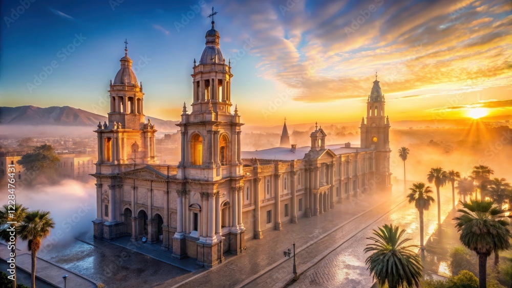 Obraz premium Cathedral of Arequipa at sunrise with mist