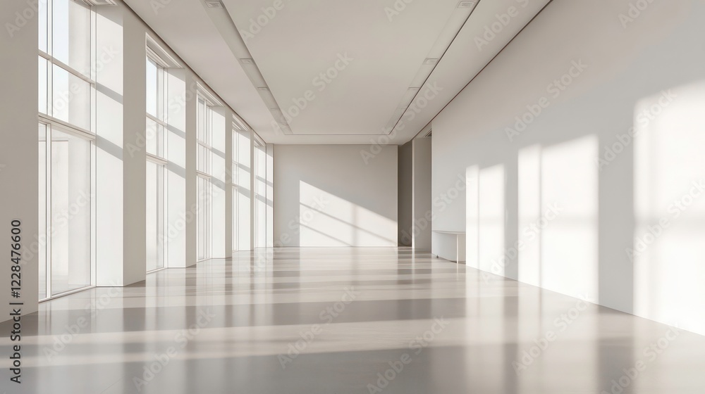 Fototapeta premium Spacious minimalist interior with simple furnishings and abundant natural light, creating ample copy space ideal for premium real estate visuals